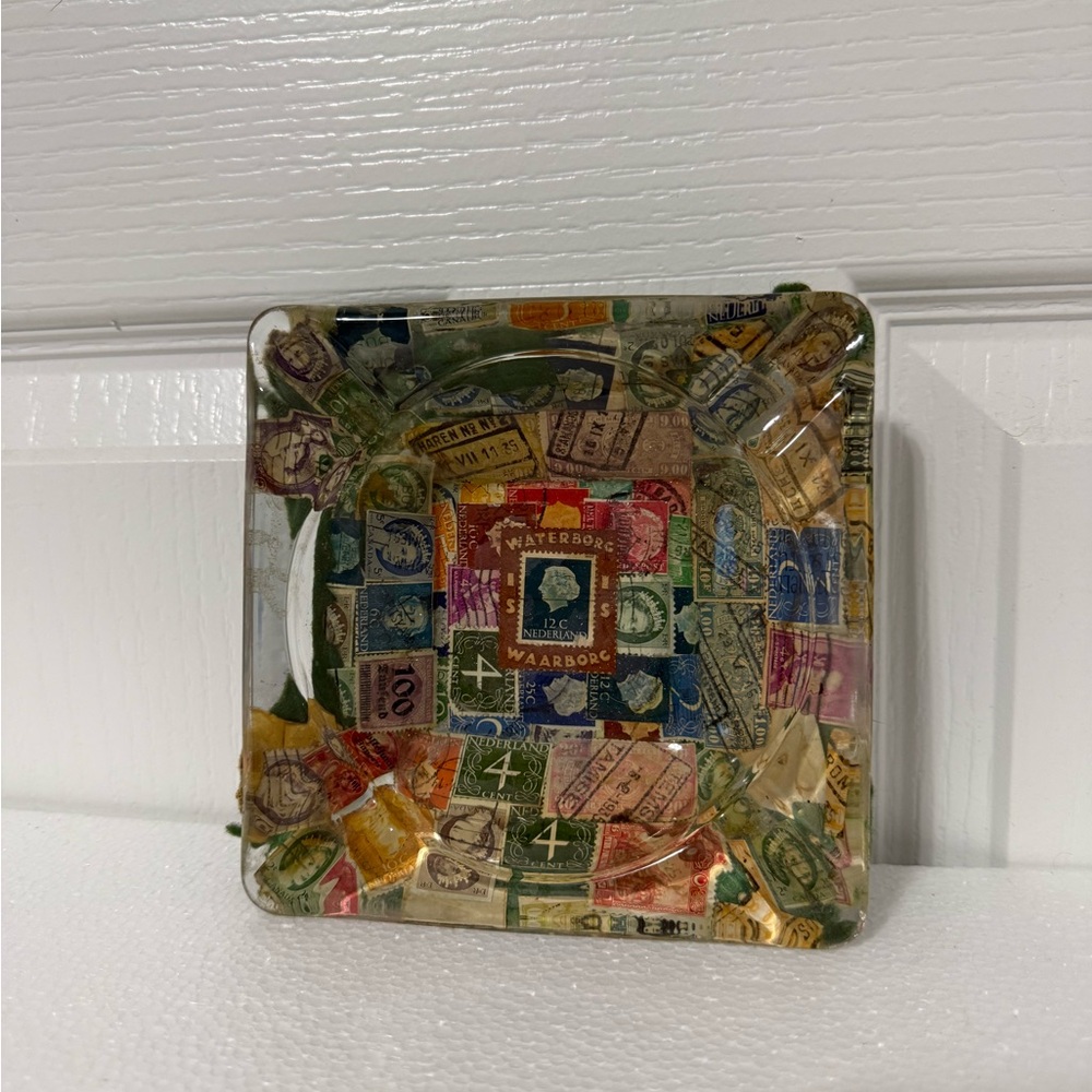 Vintage Stamp Collage Glass Ashtray